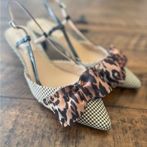 👠 Antonio Melani Slingback Kitten Heels | Houndstooth & Leopard Bow | Size 8